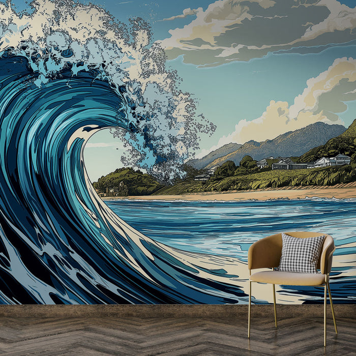 Ταπετσαρία τοιχογραφίας κυματισμός ωκεανού | Δυναμικό κύμα ενός φωτεινού μπλε με θέα στην παραλία