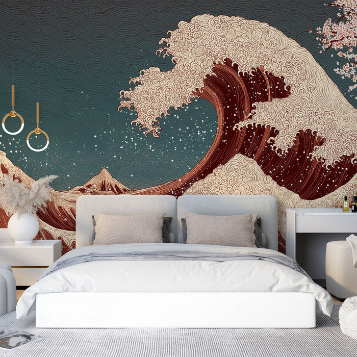 Fotótapé tengeri hullám | Fenséges hullám hegyekkel és cseresznyefákkal