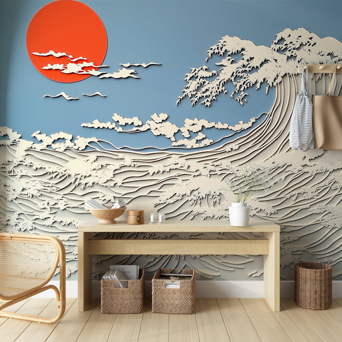 Fototapet dalga | Büyük bir dalga ve kırmızı bir güneşle dokulu yüzey