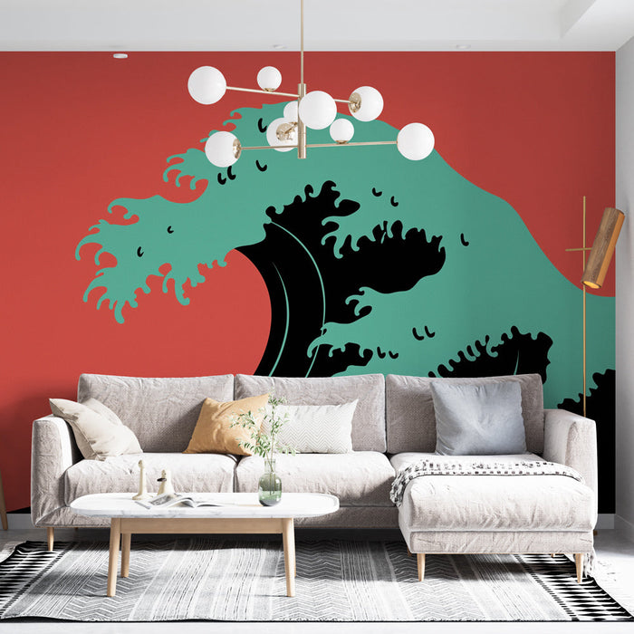 Tapetti-vague | Turkoosi aalto kirkkaalla punaisella taustalla