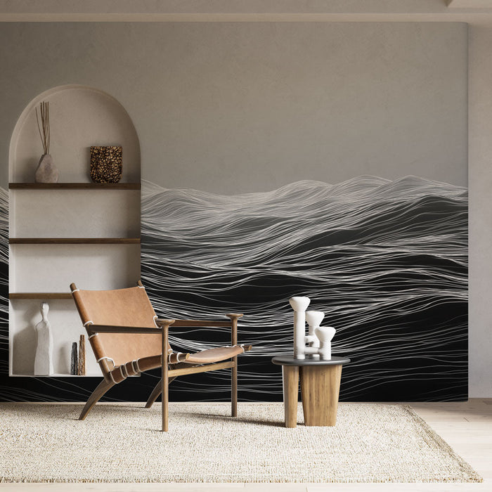Tapeta abstraktne valovi | Tekoče črne in bele črte, ki spominjajo na valove vode
