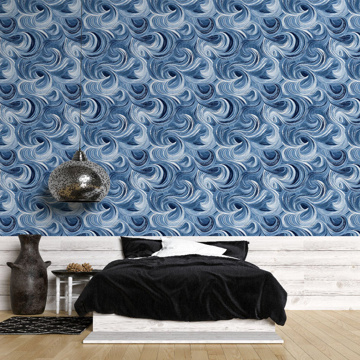 Ταπετσαρία τοίχου με γαλάζια κύματα | Ρευστό και κυματιστό σχέδιο σε αποχρώσεις του μπλε