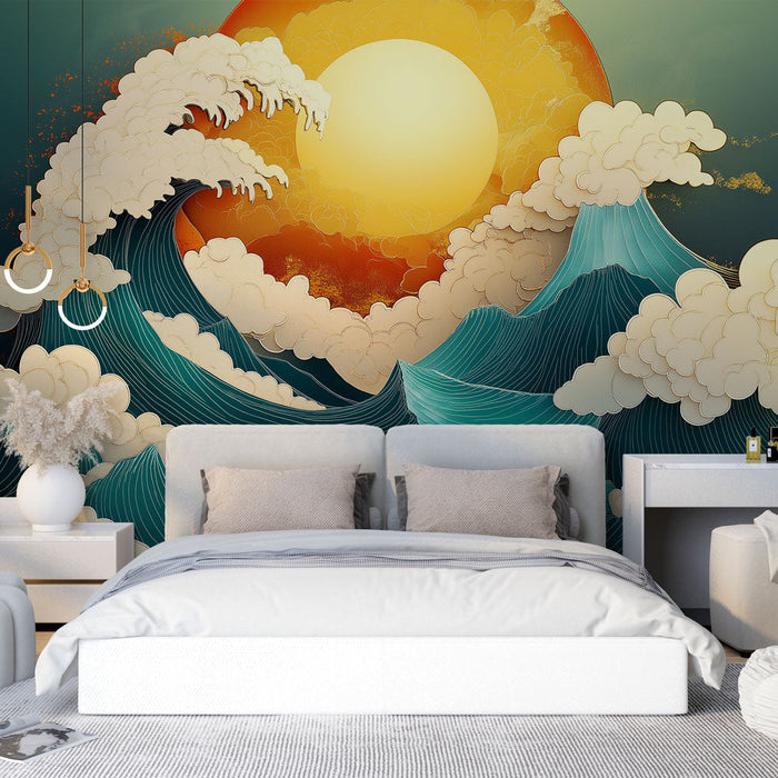 Tapete Wellen und Sonne | Dynamische Illustrationen von türkisfarbenen Wellen und goldener Sonne