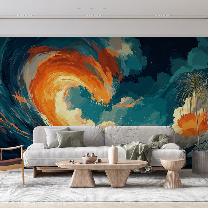 Foto Behang flamboyante golven | Gestileerde golf in felle kleuren in een nachtelijke hemel