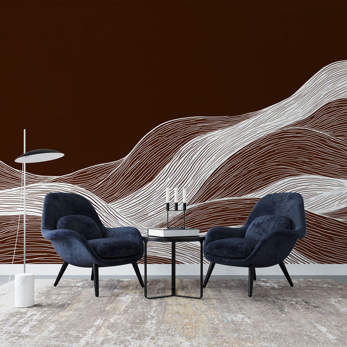 Carta da parati onde lineari | Design astratto bianco su sfondo marrone