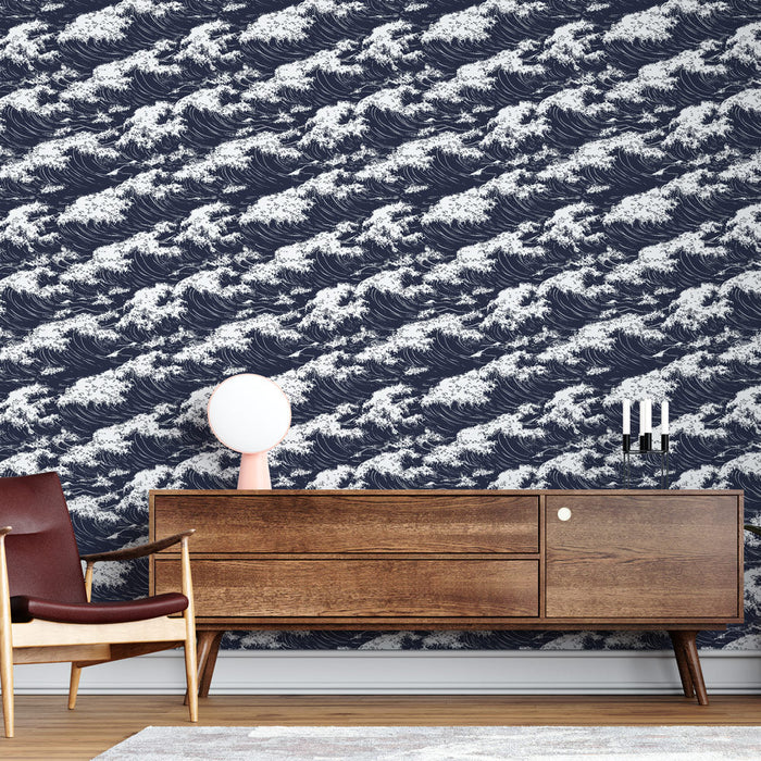Tapeta mořské vlny | Bílý vlnový vzor na tmavě modrém pozadí
