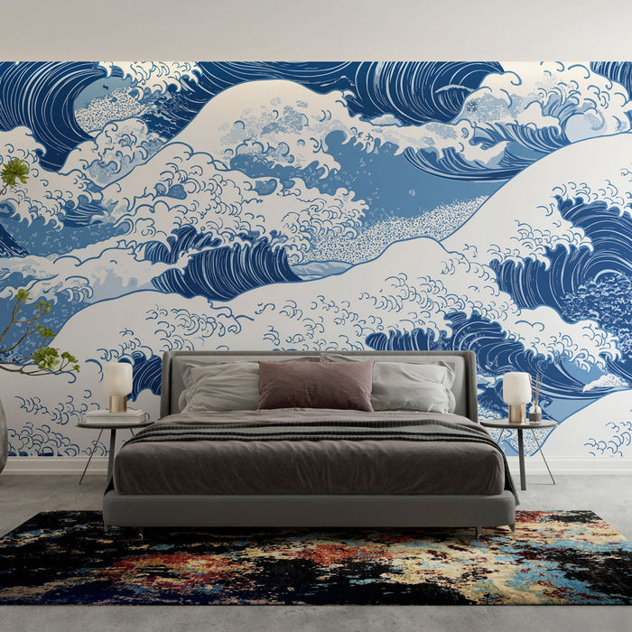 Mural Wallpaper marine waves | Stylized wave pattern in shades of blue