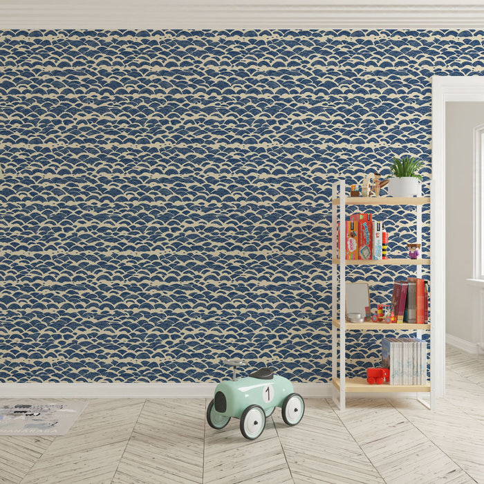 Mural Wallpaper marine waves | Stylized waves pattern in blue and white