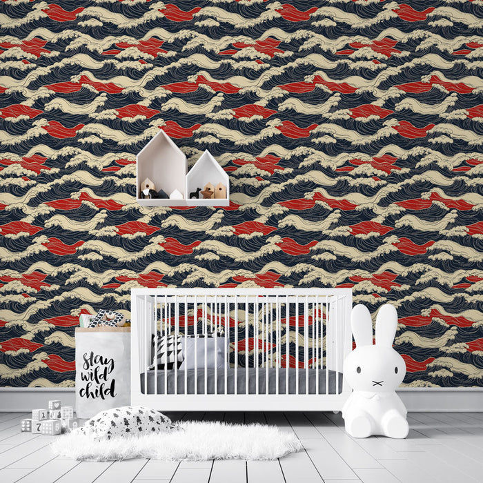 Tapete морски вълни | Динамичен модел на сини и червени вълни върху кремав заден план
