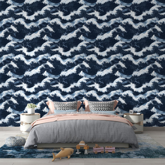 Tapetti merelliset aallot | Valkoinen aaltokuvio syvän sinisellä taustalla