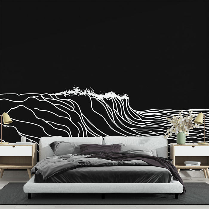 Tapetti minimalistiset aallot | Valkoiset ääriviivat mustalla taustalla