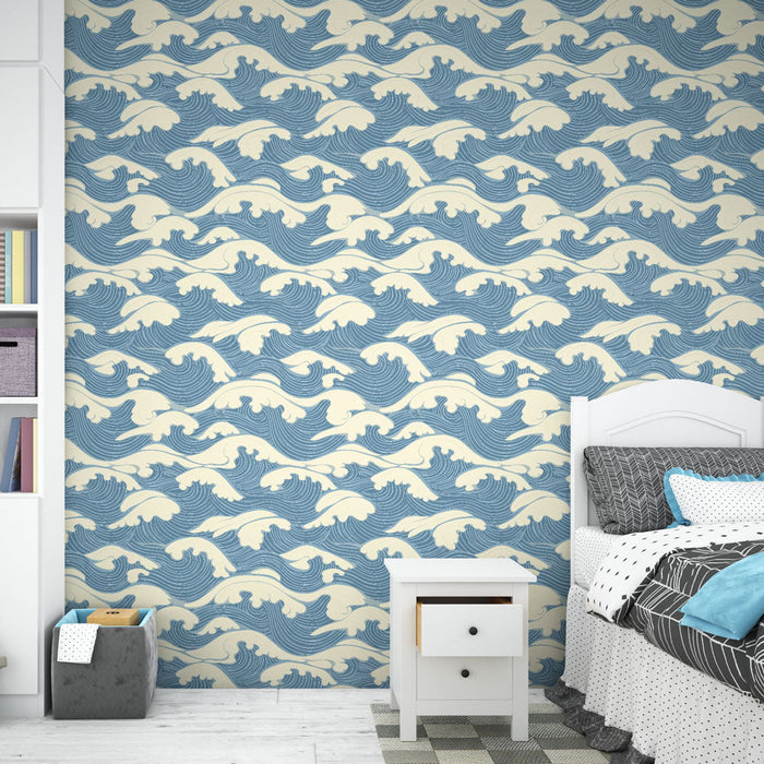 Fototapet valovi | Stiliziran valovit vzorec v modri in smetanasti barvi