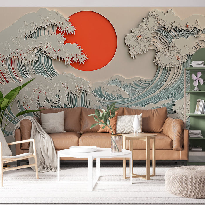 Фототапет вълни | Релефен модел, вдъхновен от японски вълни и изгряващото слънце