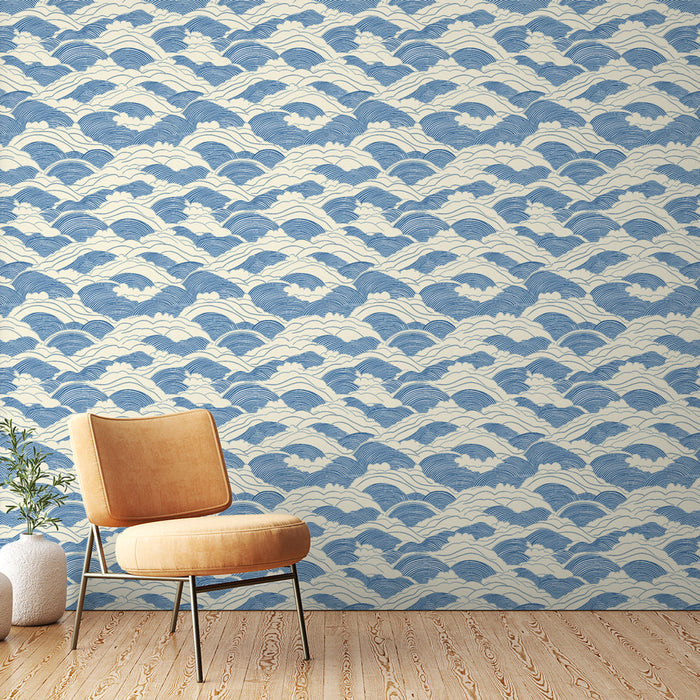 "Tapete" вълни | Стилизирани вълнообразни модели в синьо върху кремав фон