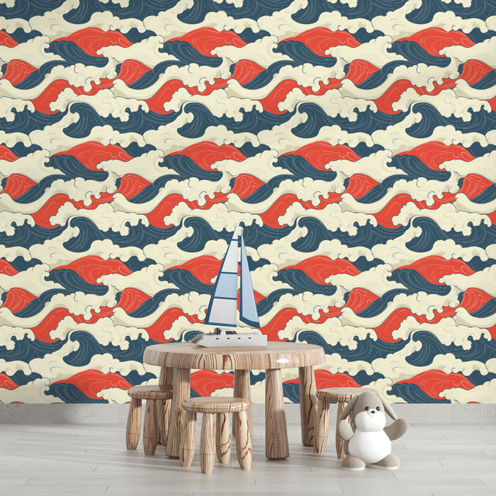 Tapetti meren aallot | Punainen ja sininen aaltokuvio kermanvärisellä taustalla
