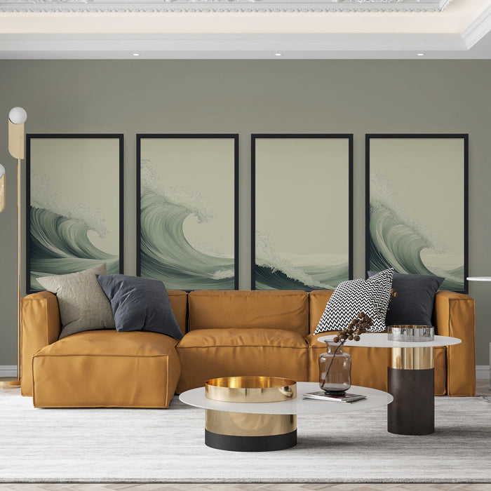 Fototapete Wellen | Vier Paneele, die stilisierte Wellen in Grüntönen darstellen