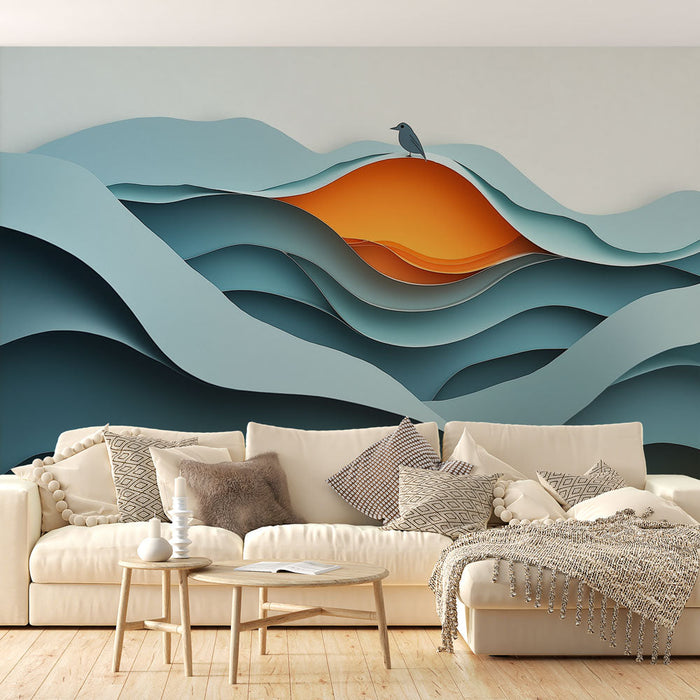Фототапет стилизирани вълни | Модерен дизайн с нюанси на синьо и оранжеви акценти