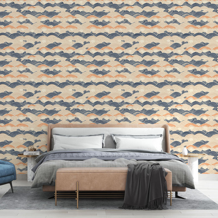 Fototapeet stiliseeritud lainetega | Laineline muster mereväe siniste ja korallikarva toonides kreemilisel taustal