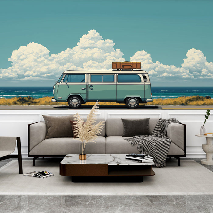 Retro tapeta kombi | Starinski kombi s kovčkom na strehi, ki gleda na morje