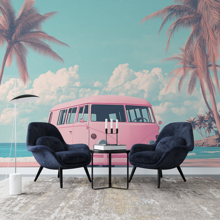 Ταπετσαρία τοίχου van vintage | Ένα ροζ φορτηγάκι δίπλα στη θάλασσα κάτω από φοίνικες