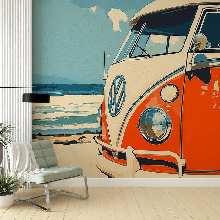 Mural Wallpaper van vintage | Van Volkswagen on a sunny beach