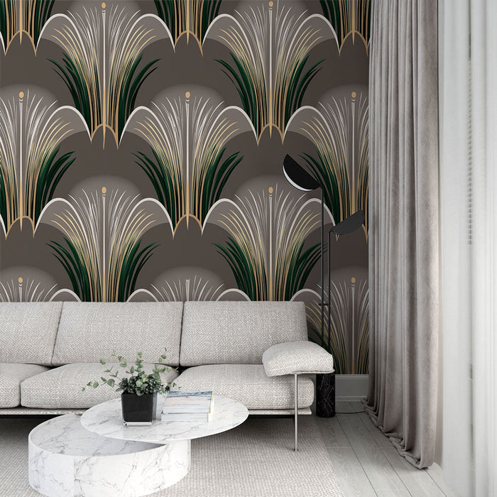 Elegáns növényi tapéta | Stilizált lomb minta barna háttérrel