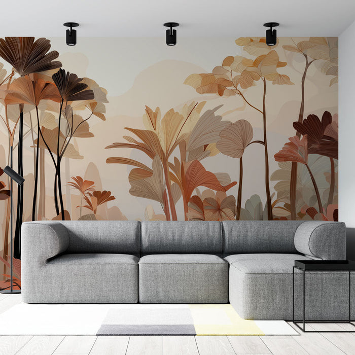 Tapetti kasvillisuus | Lehvät lämpimillä sävyillä ja herkillä kuvioilla