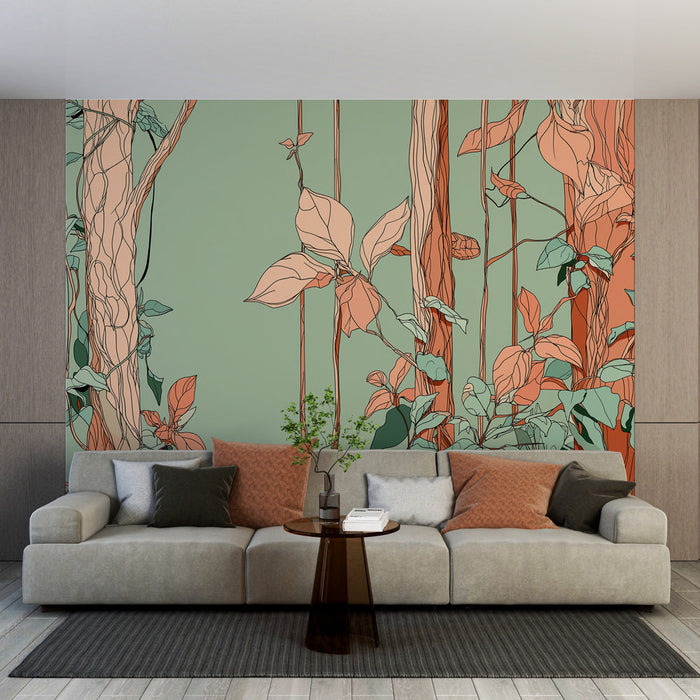 Tapet vegetal cu viță de vie | Viță de vie și frunze desenate artistic pe un fundal verde