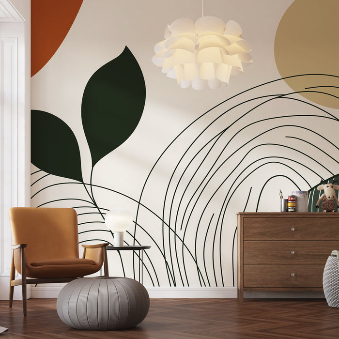 Ταπετσαρία τοίχου φυτικό μοντέρνο | Στιλιζαρισμένα φύλλα και γεωμετρικά σχήματα