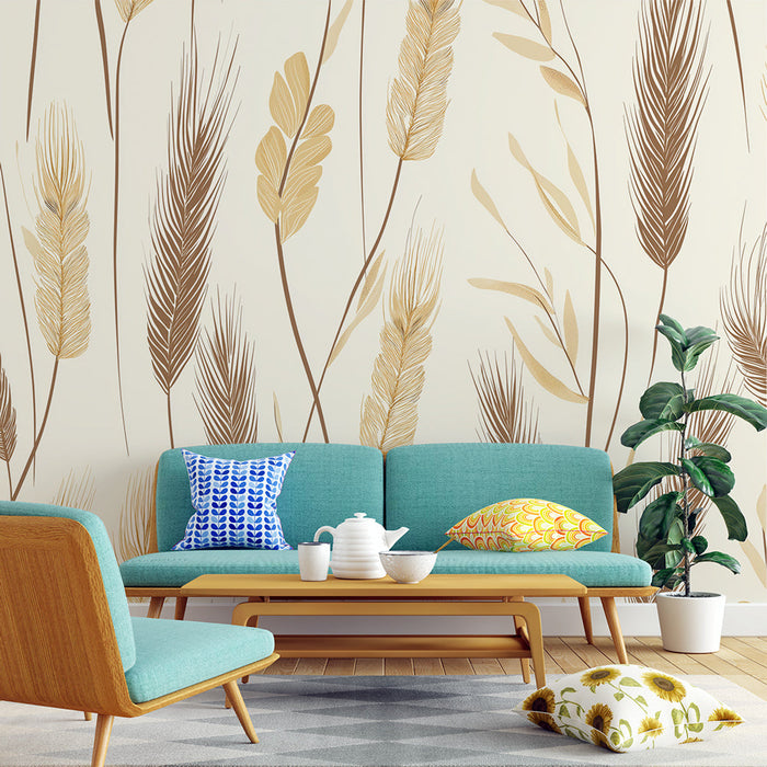Tapete | Деликатен модел на листа и треви в земни тонове