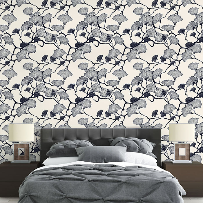 Papel pintado vegetal | Motivo delicado de hojas de ginkgo en negro y beige