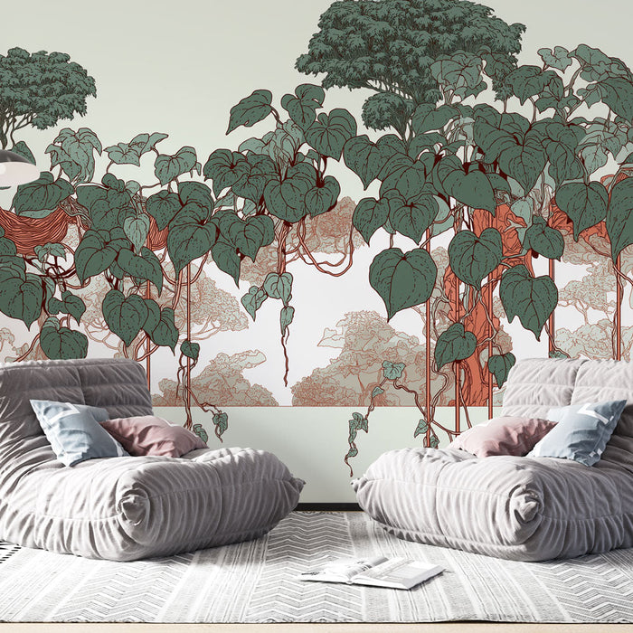 Tapeta s rostlinným motivem | Vinná réva a bujný listí na jemném pozadí