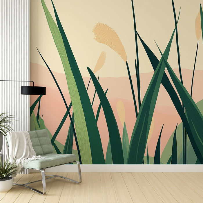 Fototapet stiliseret vegetation | Elegante græsser på pastelbaggrund