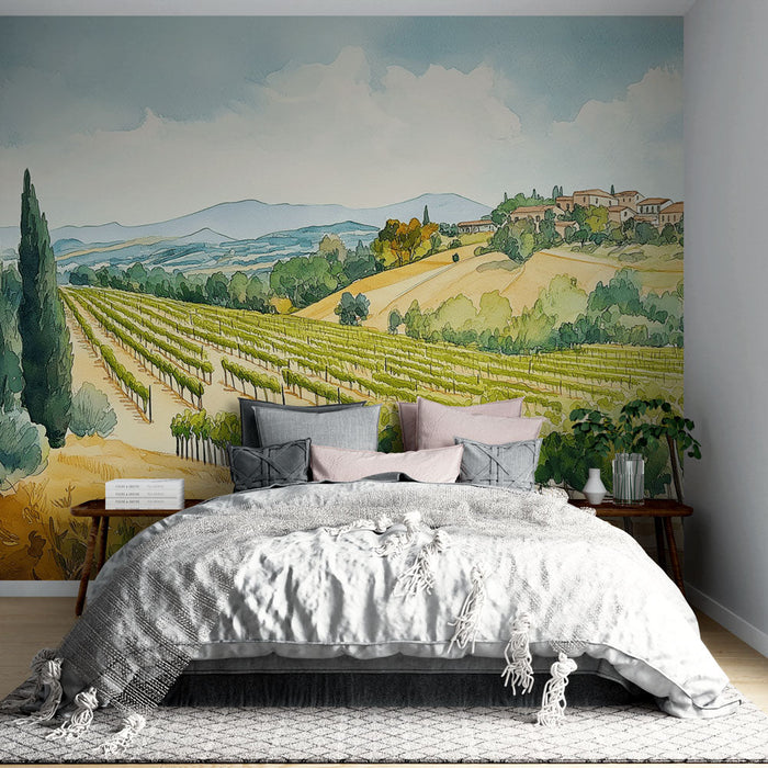 Mural Wallpaper vines | Watercolor vineyard landscape