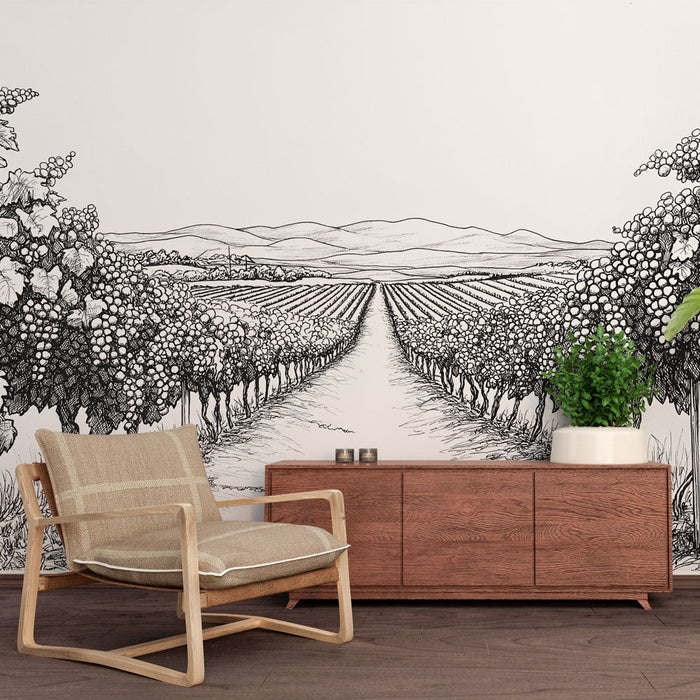 Papel pintado vines | Paisaje de viñedo en blanco y negro