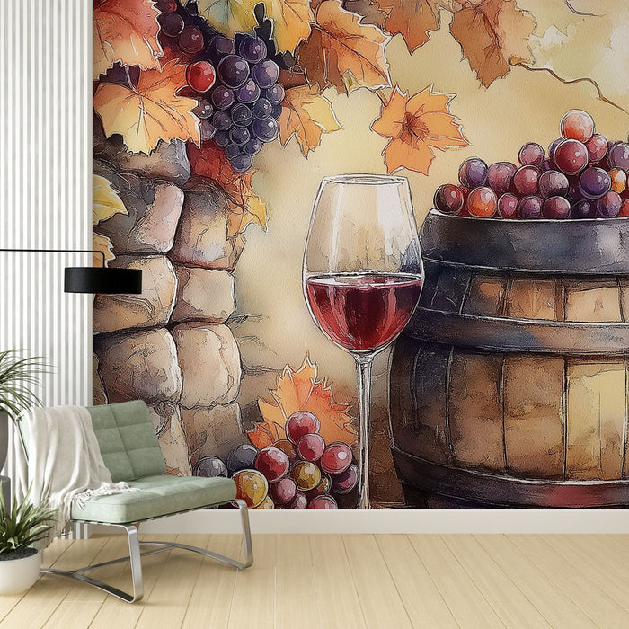 Fototapet vingård | Varm atmosfär med druvor och tunnor