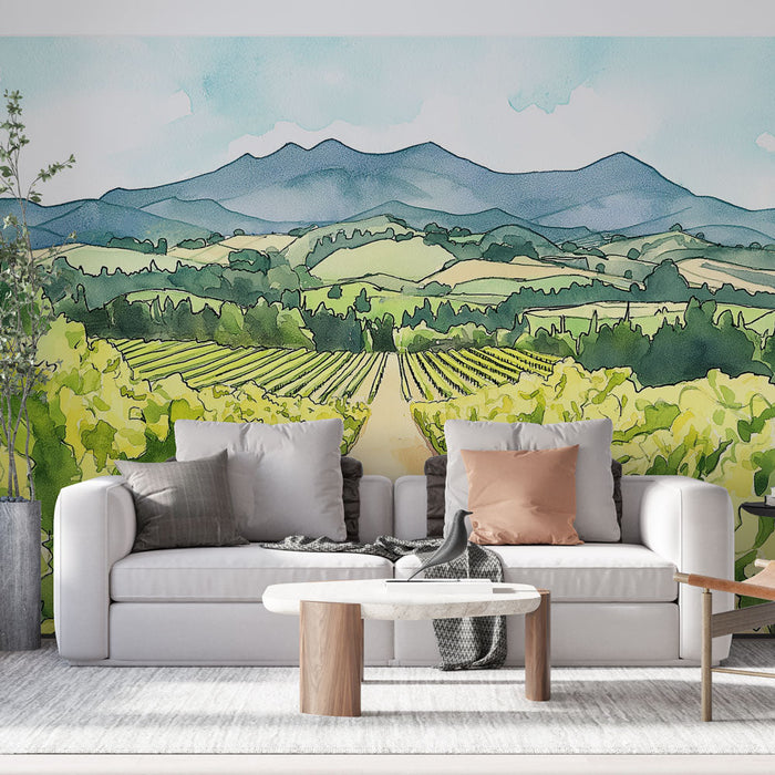 Stenska tapeta vinograd | Akvarelna pokrajina bujnih vinogradov