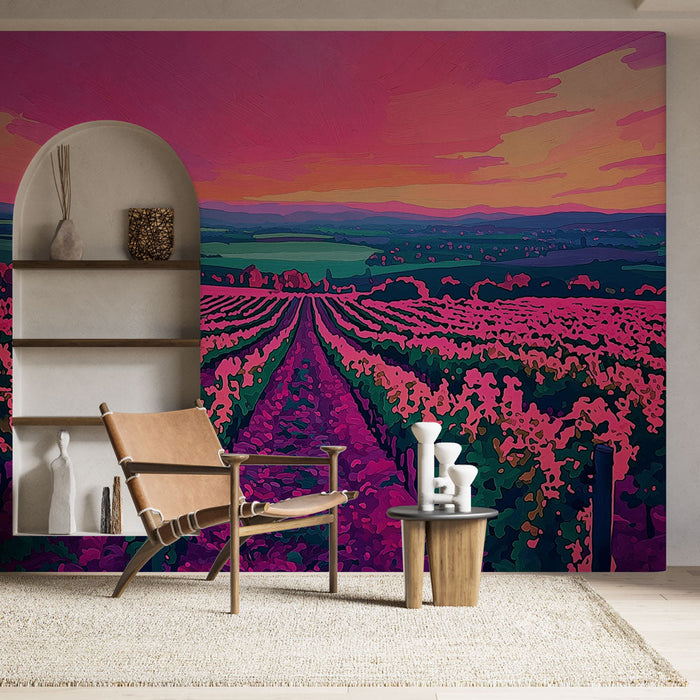 Mural Wallpaper vineyard | Colorful landscape at sunset