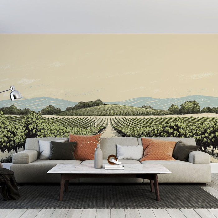 Fototapet vingård | Pastoralt landskap med frodige vinstokker