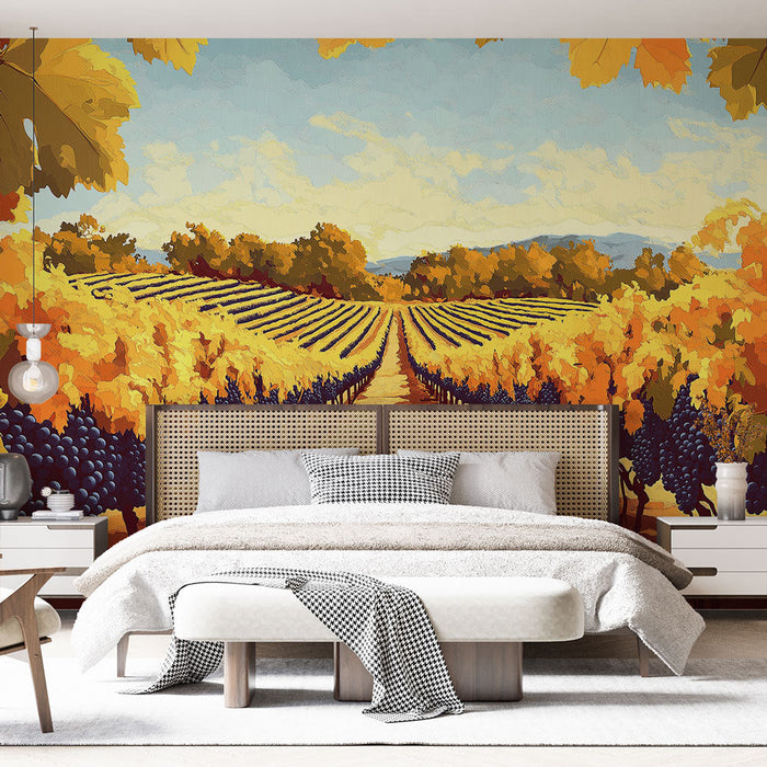 Falfestmény szőlőültetvény | Őszi jelenet aranyszínű szőlőtőkékkel