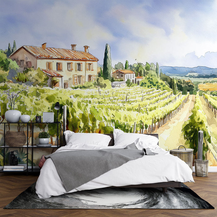 Mural Wallpaper vineyard | Peaceful scene of vineyards in watercolor