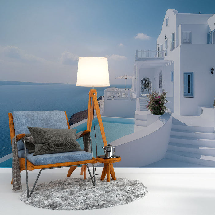 Papel pintado de villa mediterránea | Una vista cautivadora del mar y la arquitectura blanca