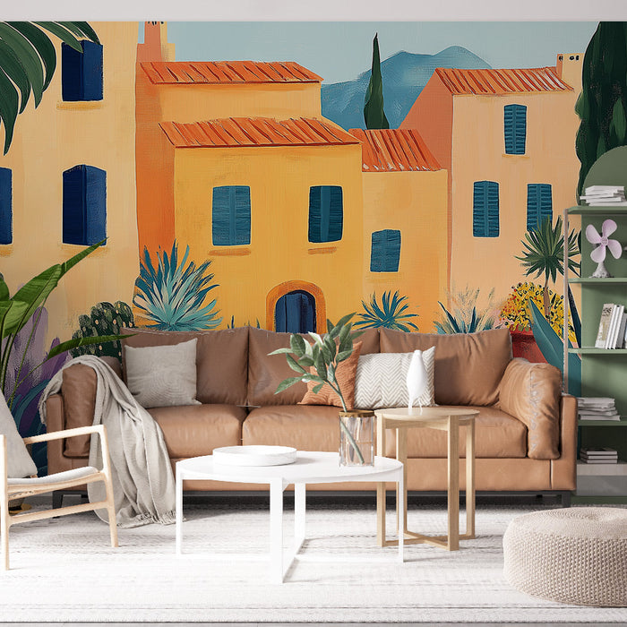 Foto Behang Mediterrane Dorp | Kleurrijk Landschap met Huizen en Planten