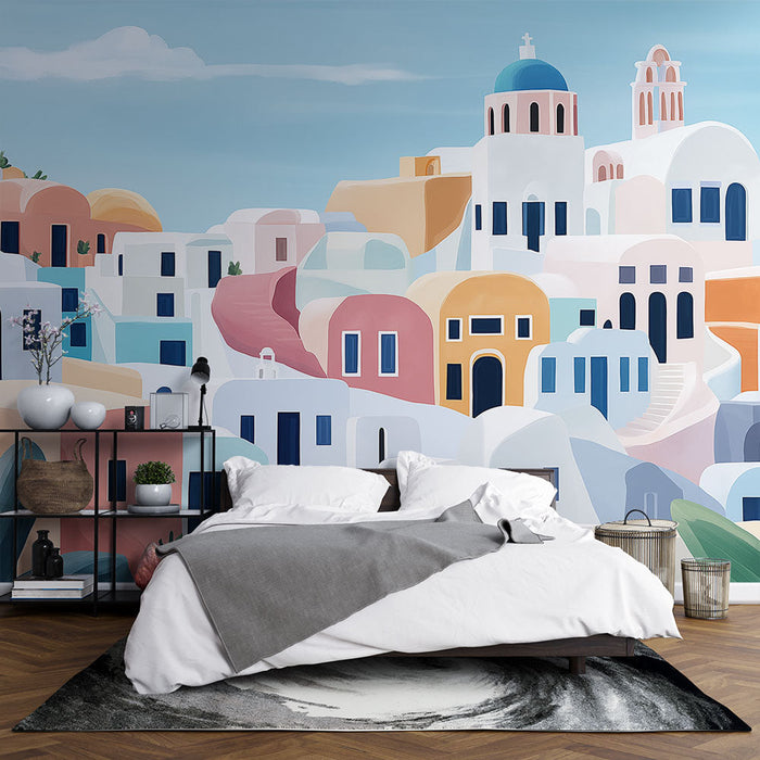 Falfestmény falu Santorini | Színes tájkép fehér házakkal és kék tetőkkel