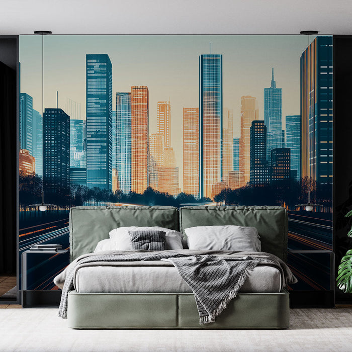 Futuristisk bymural tapet | Dynamisk visning av en moderne storby ved skumringen