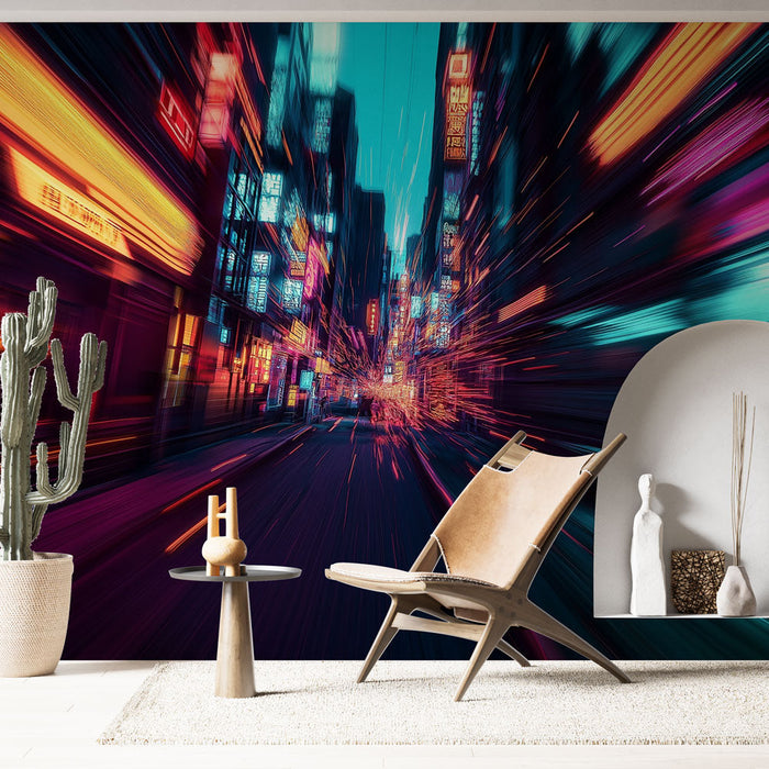 Papel de parede mural cidade noturna | Rua vibrante com luzes neon brilhantes