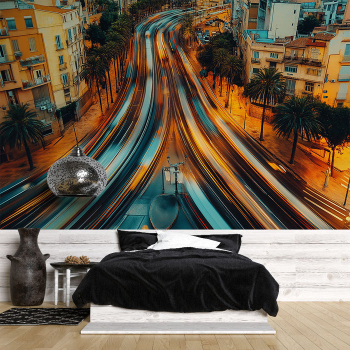 Papel de parede mural cidade noturna | Tráfego leve através de uma cidade à noite