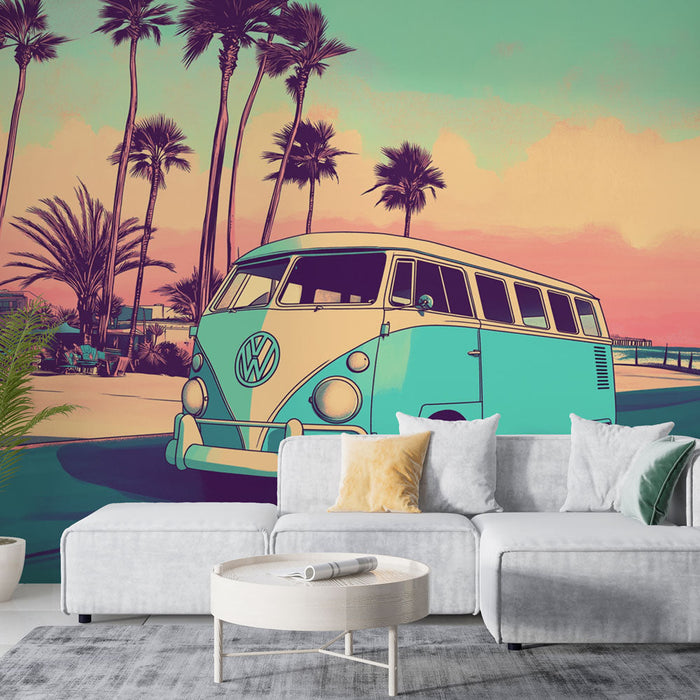 Mural Wallpaper vintage | Volkswagen van on a sunny beach