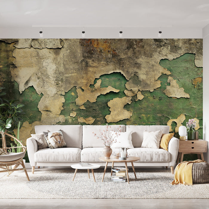 Papel pintado vintage | Textura envejecida con verde y dorado descascarado