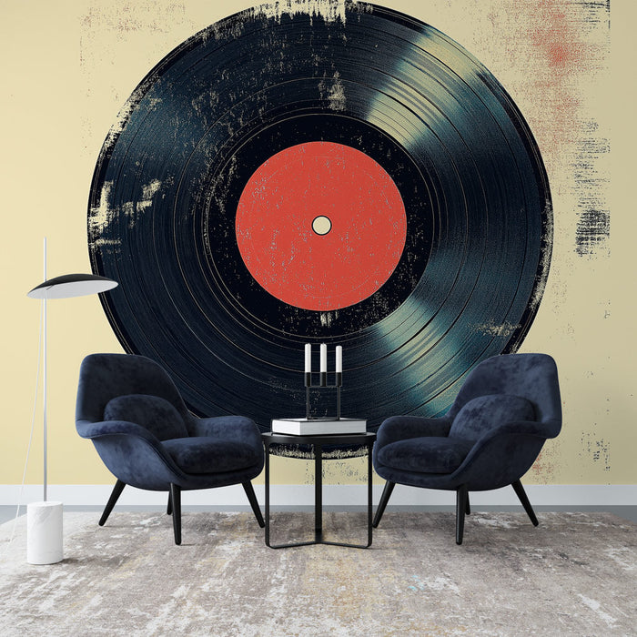 Mural Wallpaper vintage vinyl | Black disc with a red center on cream background